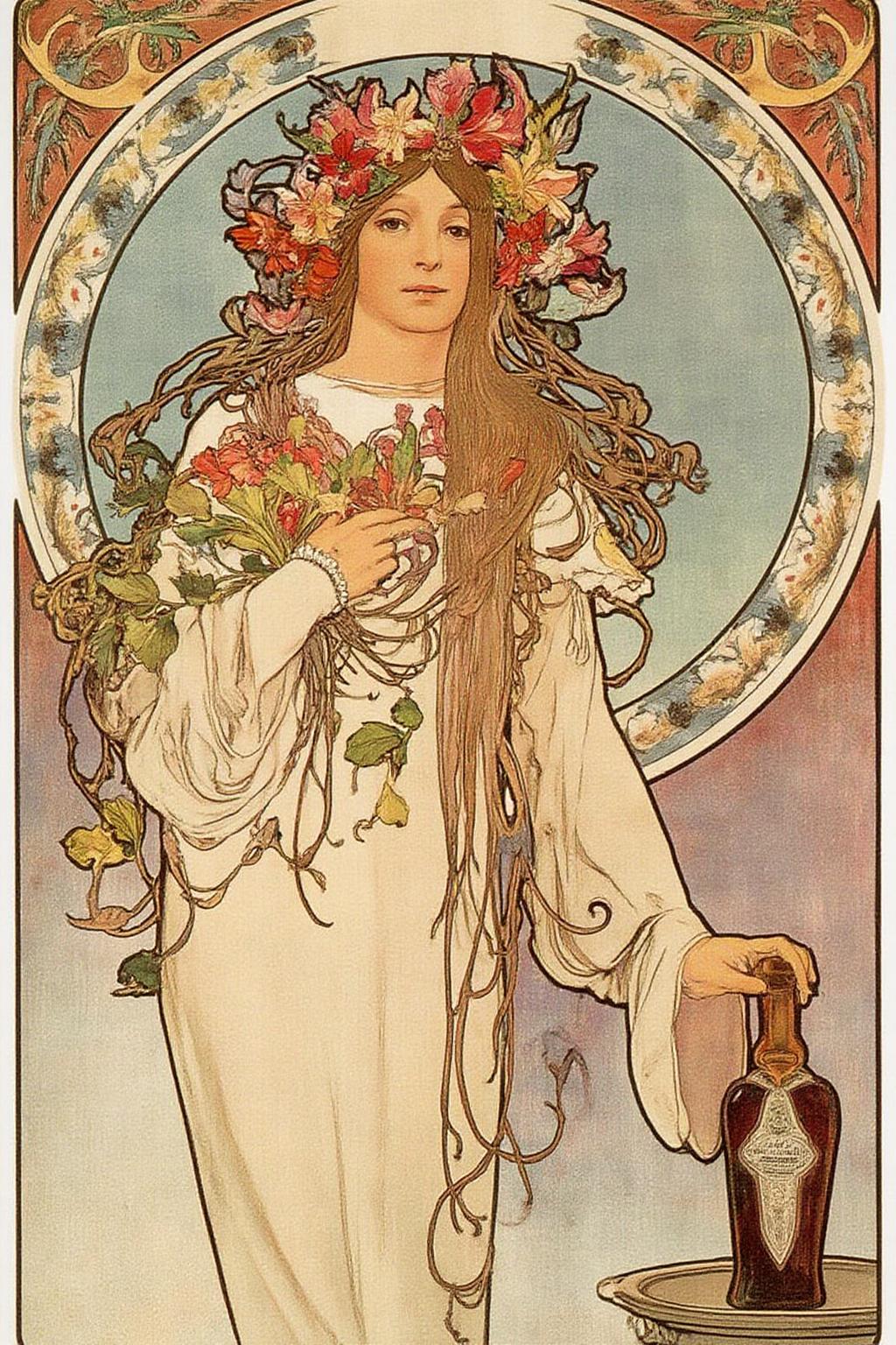 mucha1 illustration.
A woman with long, flowing hair styled in a cascade down her back. She has a serene expression and is adorned with a garland of flowers around her head. Her hand is touching a wine bottle on a small side table.
 <lora:mucha1_cap_d6a3e11:0.8><lora:822888108967288915:0>