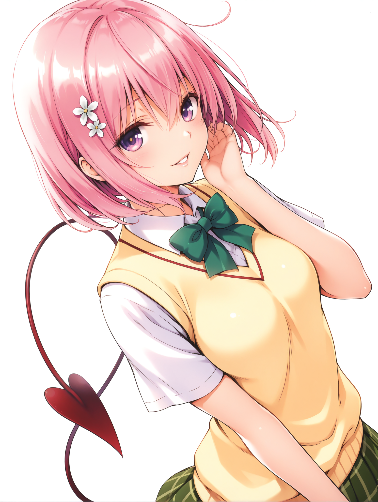 masterpiece,best quality,newest,
1girl,solo,
<lora:momo_ilxl_v2.4:1>,momo,pink hair,purple eyes,short hair,white flower hair ornament,demon tail,
m_clothes,green bowtie,sweater vest,short_sleeves,green plaid skirt,<lora:Fixhands_anime_bdsqlsz_V1:1>,dynamic_angle,cinematic_angle,seductive_smile,white background,simple_background,looking_at_viewer,dutch angle,parted lips,upper_body,