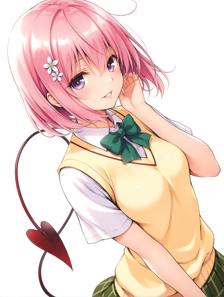 masterpiece,best quality,newest,
1girl,solo,
<lora:momo_ilxl_v2.4:1>,momo,pink hair,purple eyes,short hair,white flower hair ornament,demon tail,
m_clothes,green bowtie,sweater vest,short_sleeves,green plaid skirt,<lora:Fixhands_anime_bdsqlsz_V1:1>,dynamic_angle,cinematic_angle,seductive_smile,white background,simple_background,looking_at_viewer,dutch angle,parted lips,upper_body,