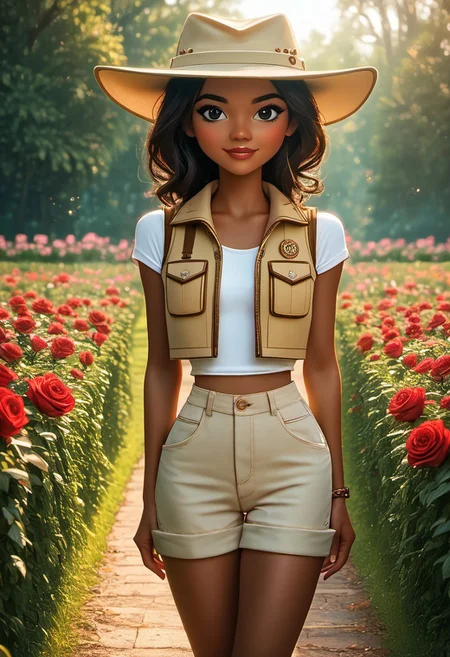 (masterpiece:1.5), (score_9), auto1111, ultra-detailed, (high res), cinematic lighting, beautiful lighting, smooth lighting, (detailed background), ponypositive, 1woman, solo, solo focus, ((cowboy shot)), looking at viewer, (narrow waist, skinny, slender body, slim), (outdoors, floral garden, roses, day), (anime eyes), bright lighting, daylight, sunshine, cute, kawaii, (closed mouth), happy, ((standing)), alone, (hands at sides), (perfect hands, beautiful hands), perfect anatomy, cinematic style, cinematic quality, precise, prevision, colorful, striking visuals, sharp focus, light reflection, small body, zPDXL3, SmoothQualityPony, 3D Fairytales, JasmineTDPI, dark skinned female, safari outfit, beige hat, khaki vest, beige shorts, back hair, dark green hiking boots, white socks, black eyes, lips,