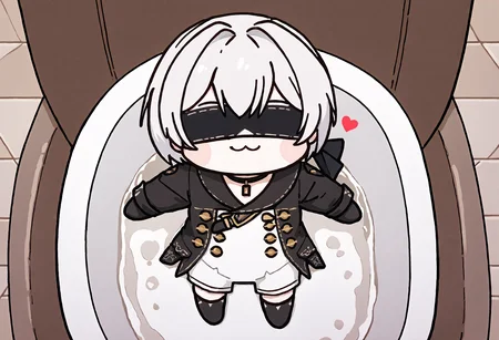 score_9, score_7_up, source_anime, uncensored, head tilt, from above, heart background, smile, highres, Hanami, bathtub
<lora:NierAutomata_9S_v1.0:1> 9S, 9s (nier:automata), solo, gloves, shorts, black gloves, white hair, black blindfold, black choker, short hair, kneehighs, long sleeves, black jacket, double-breasted, jacket, buttons
<lora:Doro_X_PDXL_V1:1.2> doro, creature, :3, chibi, no humans, white skin, four legs