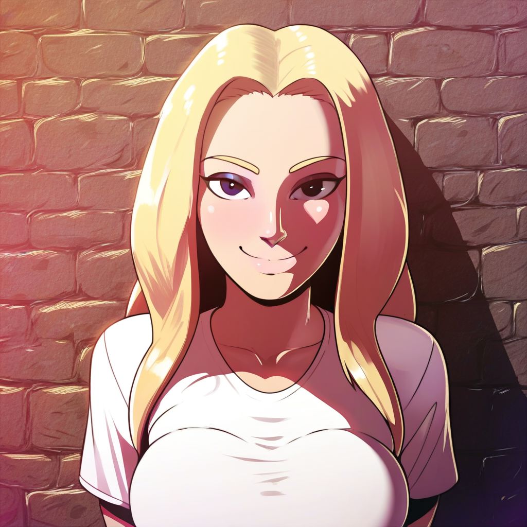 score_9, score_8_up, score_7_up, score_6_up, score_5_up, score_4_up, D-art Style, @18dart3, d-art, 1girl, ((portrait shot)), detailed black eyes, smile, nose,blonde hair, eyeliner, breasts, closed mouth, looking at viewer, long hair, t-shirt , background: leaning against a wall, solo, upper body,