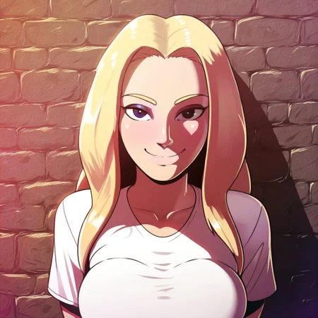 score_9, score_8_up, score_7_up, score_6_up, score_5_up, score_4_up, D-art Style, @18dart3, d-art, 1girl, ((portrait shot)), detailed black eyes, smile, nose,blonde hair, eyeliner, breasts, closed mouth, looking at viewer, long hair, t-shirt , background: leaning against a wall, solo, upper body,