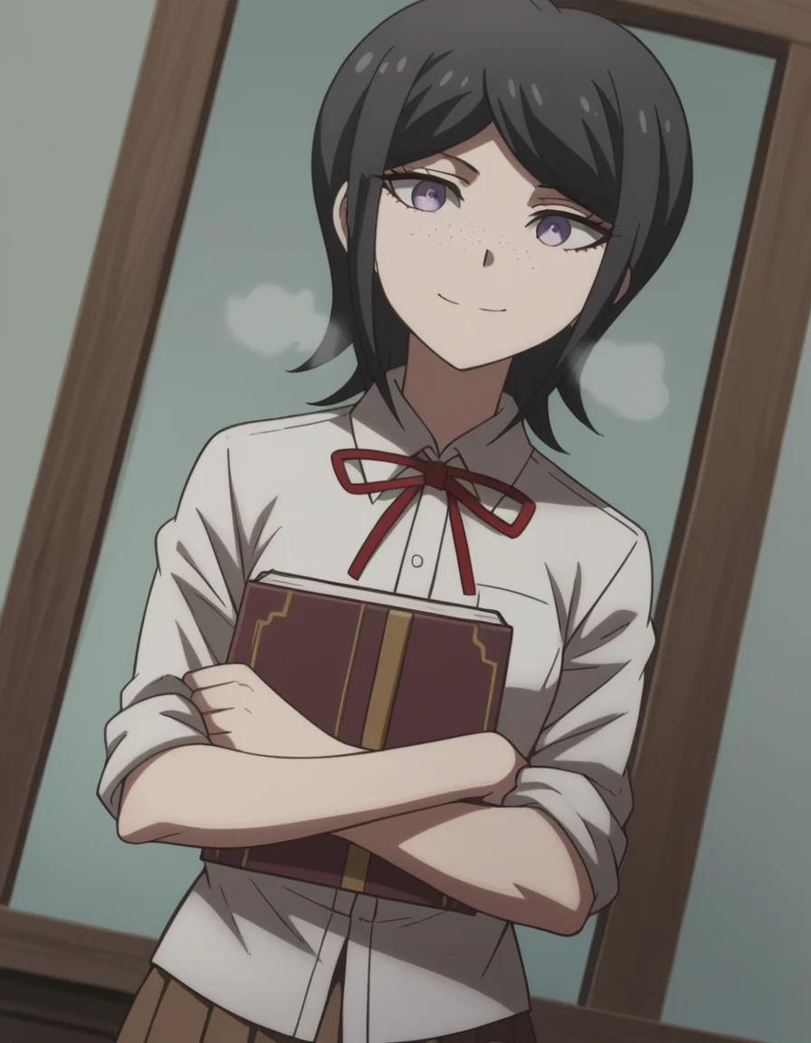 score_9, score_8_up, score_7_up, source_anime, <lora:mukuro-ikusaba-s2-ponyxl-lora-nochekaiser:1>, mukuro ikusaba, short hair, bangs, black hair, freckles, purple eyes,, skirt, shirt, ribbon, school uniform, white shirt, pleated skirt, collared shirt, red ribbon, neck ribbon, grey shirt, sleeves rolled up, brown skirt,, bookstore, browsing shelves, new book smell, finding a favorite, quiet atmosphere, smile, , arm crossed over chest, solo,, cowboy shot, dutch angle