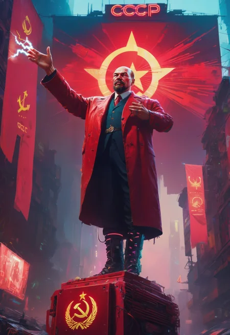 (best quality) , detailed, halfbody portrait cyber (cyborg ussr leader Lenin:1.3) eyes contact, (hand up:1.2) glowing lightning strike in hand (glowing ussr logo:1.4) (cyber sci-fi clothes:1.4), (robo body:1.2), cyber tech (soviet red neon flags:1.3), neon wires, emerges from the fog (intricate luminescent body:0.7), (neon stripes:1.2) in hand, (ussr logo:1.1), glowing robotic eyes, futuristic neon Kremlin (Moscow:1.2) city many people on background, in cyberpunk 2077 style, low angle, by Ismail Inceoglu <lora:cyborg_style_xl:1> <lora:add-detail-xl:1.3>