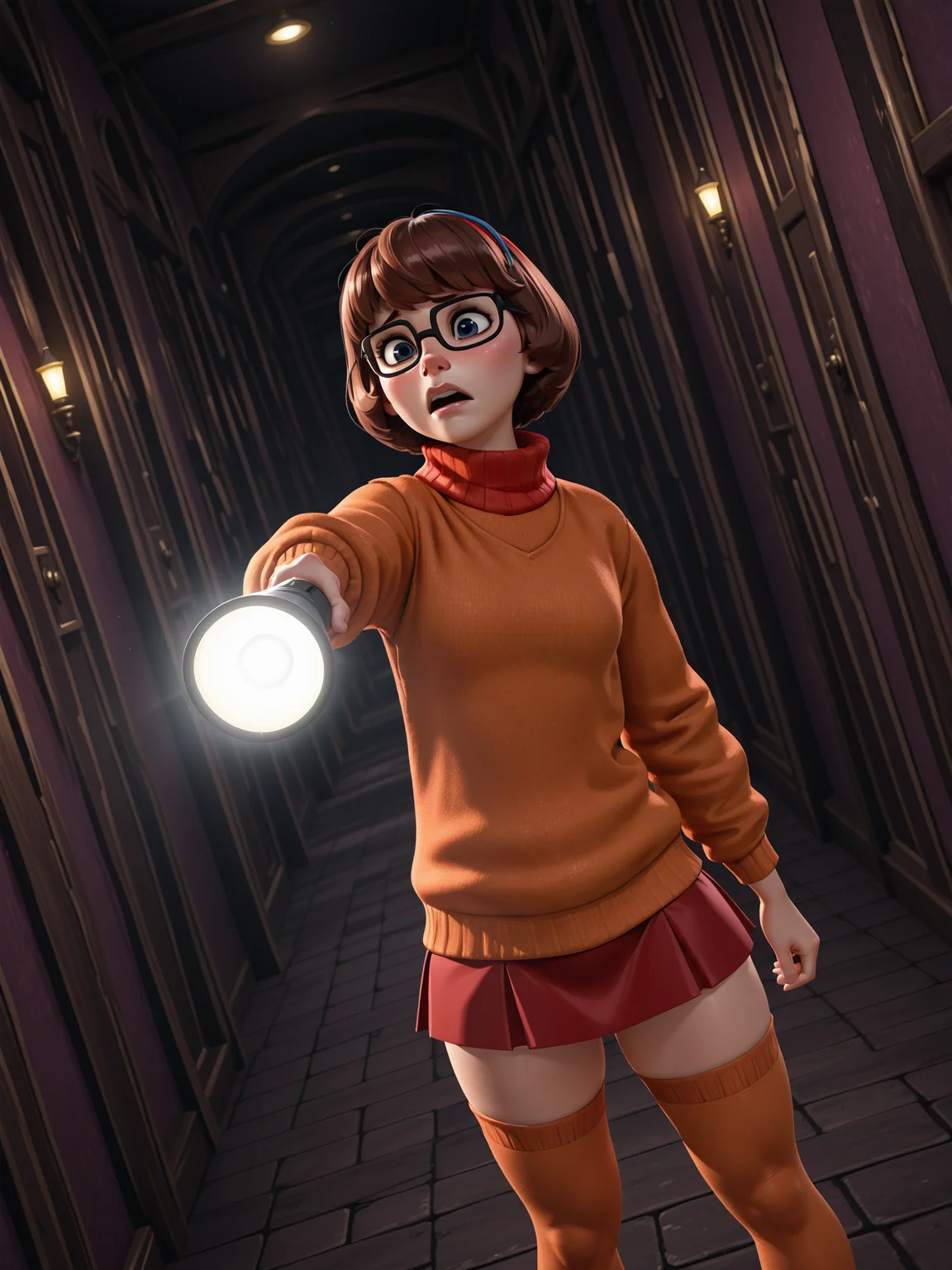 <lora:princess_rc_il:0.5>, 1girl, solo, (Velma_Dinkley:1.4), 3D, Disney, glasses, sweater, skirt, thigh highs, scared, holding flashlight, pointing flashlight, dark hallway, dynamic angle, detailed_background, official_art, highres