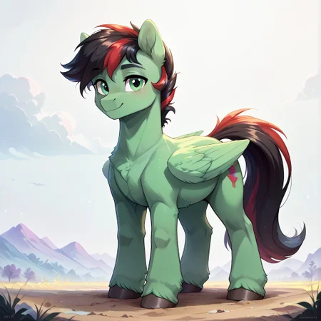 score_9, score_8_up, score_7_up, score_6_up, score_5_up, pony, solo, from my little pony, g4, (anatomically correct), cutie mark, (((pony, feral pony))), detailed, 1 male, 1 stallion, pony, beautiful, adorasexy, chest fluff, fluffy, ear fluff, by dvixie, full body image, facing away from camera image,
white background, no background,
(green body), green eyes, short black mane with red streak, stallion, male, pegasus,
standing, facing away, looking at you, happy, folded wings, close up of butt