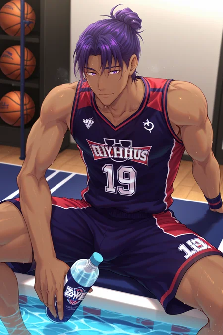 <lora:jockstudio-IL:0.8>,zayne, purple hair,basketball uniform,sweat,sitting,holding water,looking at viewer,1boy,solo,yaoi,bara,male focus,masterpiece,best quality,amazing quality,nsfw,uncersored,highres,best quality,amazing quality,best aesthetic,absurdres,