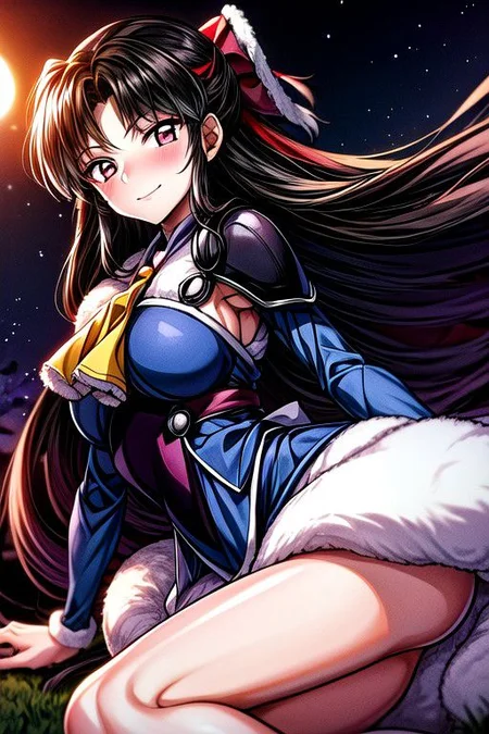 masterpiece, best quality 1girl Setsun4 solo long hair, (night time) forest background black hair very long hair purple eyes multicolored hair armor (fur trim) (medium body),<lora:EMS-179-EMS:0.800000>,<lora:EMS-293862-EMS:0.800000> bow, hair_bow, hair_tubes, red_bow, brown_hair, long_hair, bangs, sidelocks, ascot, brown_eyes, frilled_bow, yellow_ascot, blush, smile, hair_between_eyes