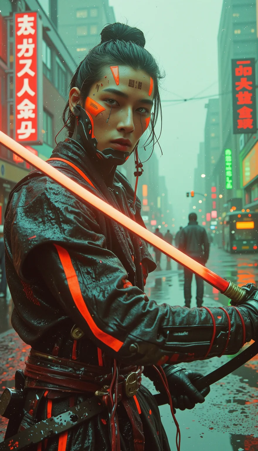 ultra realstic Close-up of a cyber-samurai with wet black urban armor, glowing orange scars, and a plasma katana mid-swing. Rain pours down in slow motion, neon reflections shimmer on his blade, and the city skyline behind him is glitching with green code.8k <lora:Movie_Portrait:0.08> <lora:KB_Kentmere400_FLUX:0.05> <lora:Analog_Photo_Style:0.1> <lora:soaked_brand_pfeffi_KB_FLUX:0.04> <lora:Vintage_Neon_Film:0.15> <lora:Sword_Sakura壿¡(Photographic_style):0.545> <lora:Neon_Punk-Flux:0.9>