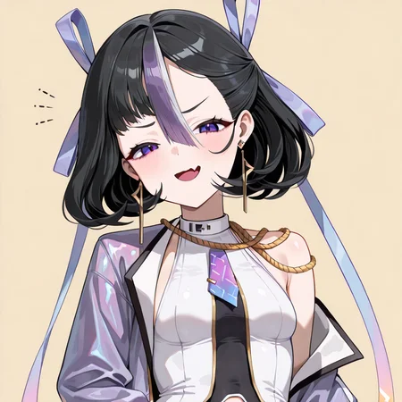 <lora:syuenIL01:1>,syuen \(nikke\),solo,1girl,upper body,simple background,looking at viewer,female pervert,open clothes,skin fang,