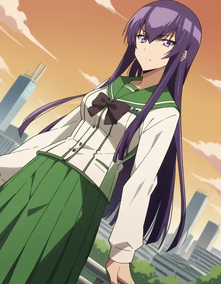 score_9, score_8_up, score_7_up, source_anime,
saekobusujima, <lora:saeko-busujima-ponyxl-lora-nochekaiser:1>,
saeko busujima, long hair, purple hair, purple eyes, hair between eyes,
skirt, long sleeves, bow, school uniform, serafuku, green skirt,
outdoors, cityscape, zombies, orange sky,
looking at viewer, dutch angle,