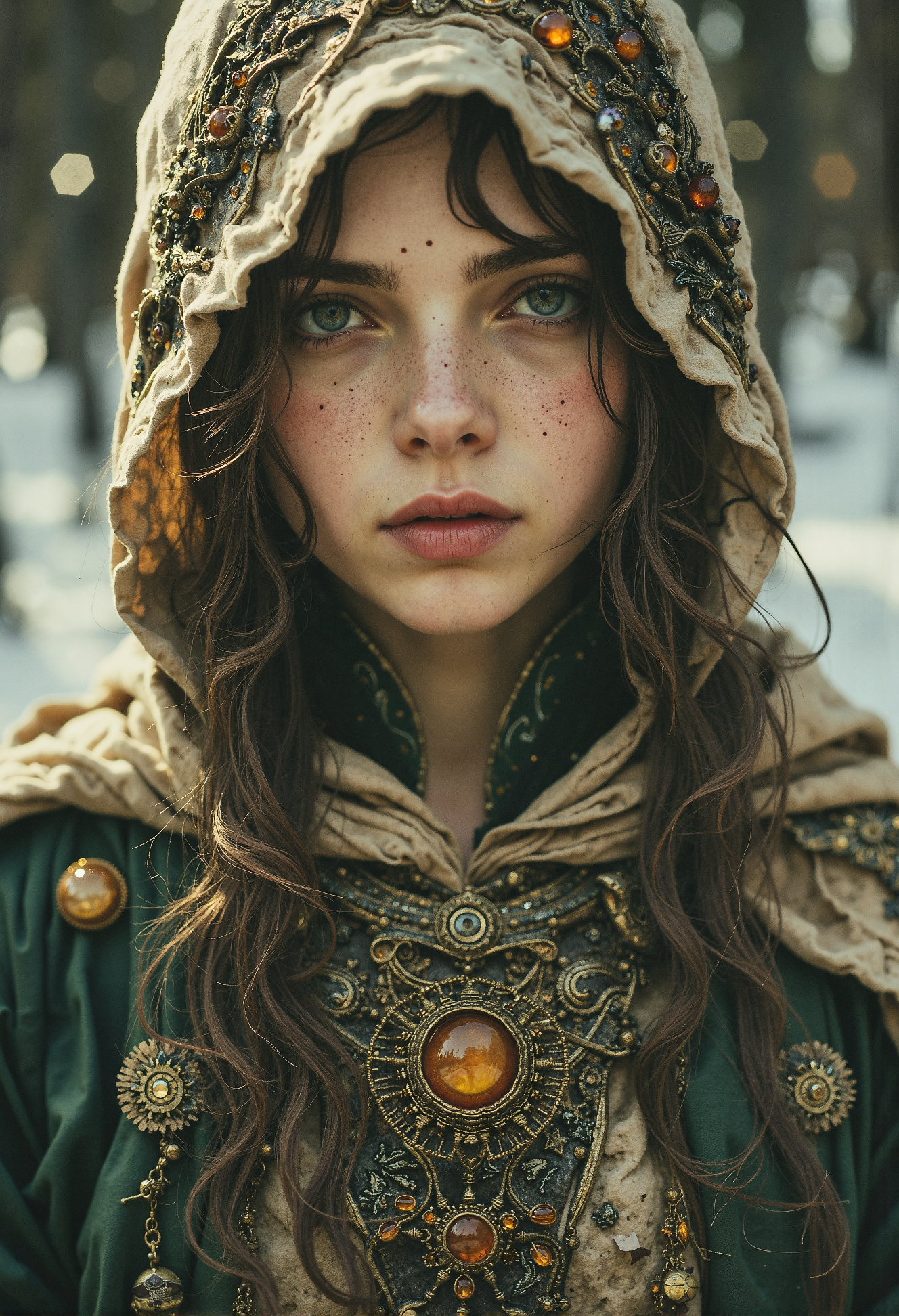 A mystical forest druidess, Extreme Upper Body Closeup Portrait, Vibrant amber and earthy green color graded. Her face, framed by a loosely draped linen hood, is illuminated by soft, diffused light that highlights her delicate features. Freckles dot her youthful yet weathered skin, telling stories of her bond with the wilds, while a subtle, satisfied smile graces her lips, exuding confidence and calm. Her piercing eyes, shaded slightly by the oversized hood, shimmer with an earthy warmth that draws you in. Strands of unkempt auburn hair peek from beneath the hood, blending seamlessly with her natural surroundings. The intricate details of her attire feature a chest piece adorned with organic patterns resembling vines and leaves, crafted from translucent amber and dark green materials. The snowy, shadowy forest backdrop contrasts beautifully with the druidessâs radiant and enchanting presence. <lora:Elden_Ring_-_Yoshitaka_Amano.safetensors:1.0>, <lora:aiai-Glimra-Flux-Dev-v2.safetensors:0.5>,  <lora:Movie_Portrait.safetensors:0.8>,  <lora:- Flux1 - soothing_atmo_V2.0.safetensors:0.4>,  <lora:lith_mimosa_kiel_grw134_FLUX.safetensors:0.7>, <lora:Instant camera portrait photography V2.0.safetensors:0.5>,