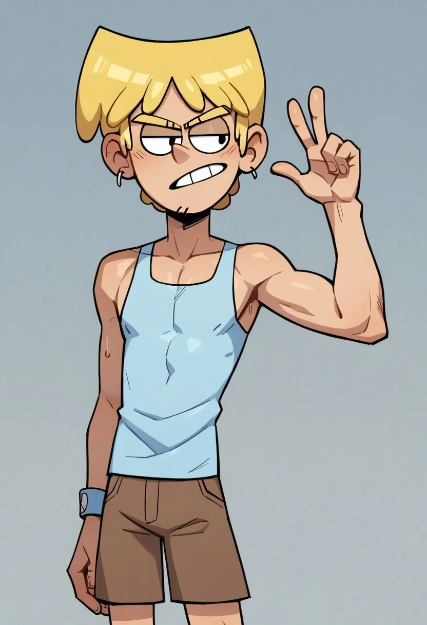 (score_9 | score_8_up | score_7_up) ((masterpiece:1))(best quality,very high quality,ultra detailed:1.2) (2D,cartoon style,anime style)(Smooth:2)(clean blurring) (four fingers on each hand,one thumb on each hand:1), Loki Loud, solo, 1boy, Blonde hair, yellow eyebrows, two chin hairs, light blue tank top, Brown shorts, light blue shoes