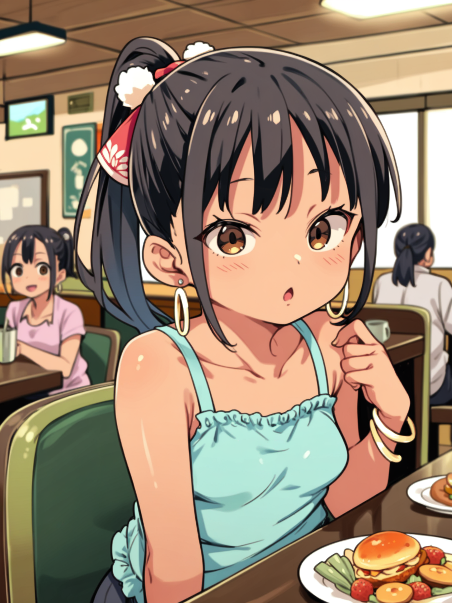 <lora:happy_tentacle-maruisis-v0.3-000010:1>, ht_marunephthys, hoop earrings, ponytail, hair ornament, bangle, small breasts, tan, black hair, brown eyes , surprised, wide-eyed, indoors, restaurant, table, (people:1.2), on lap cowboy shot, 1girl, (petite:1.2), solo focus, (looking at viewer:1.1), sidelighting, (depth of field:0.8), , score_9, score_8_up, score_7_up, score_6_up, score_5_up, score_4_up