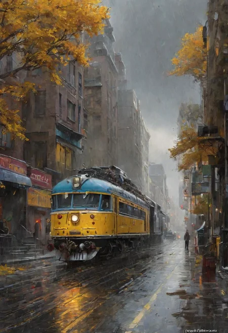 rain, city, narrow streets, autumn, yellow trees, zombie locomotive, photorealism, pixel elaboration,high detail,lots of details,dynamic, bohemian,elegant,aesthetic, realistic, high quality, work of art, hyperdetalization, professionally, paths, greg rutkowski, masterpiece