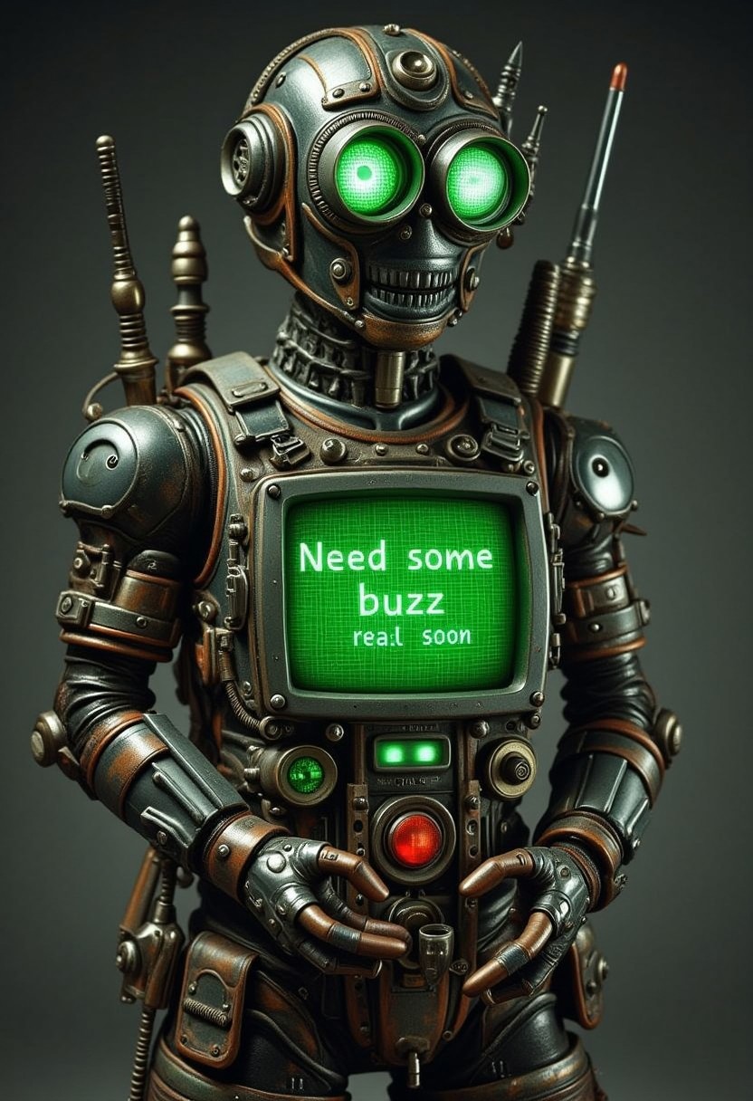 Text on green screen clearly reads "Need some buzz" "real soon" A demonic android designed to beg for buzz, hands open to accept a gift.  photorealistic, YFG-Aarchy, YFG-LBGadgets,