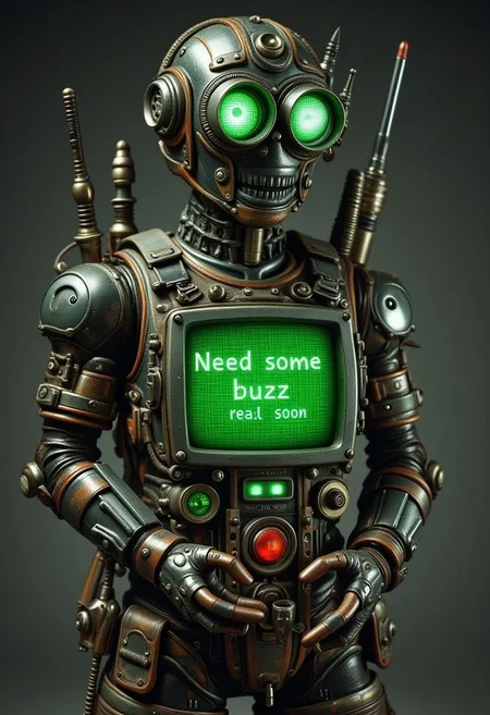 Text on green screen clearly reads "Need some buzz" "real soon" A demonic android designed to beg for buzz, hands open to accept a gift. photorealistic, YFG-Aarchy, YFG-LBGadgets,