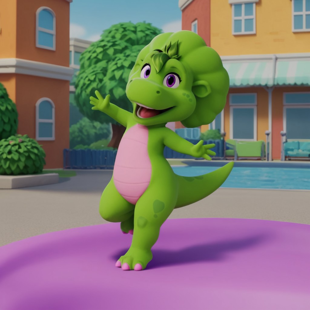 score_9, score_8_up, score_7_up, score_6_up, score_5_up, score_4_up, source_furry, bopbw, semi-anthro, female, dinosaur, green skin, green hair tuft, purple eyes, outside, dancing, happy