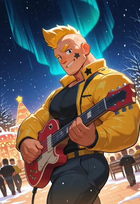 mbtiesfp, 1boy, blonde, short hair, black star on face,, yellow jacket, black shirt, looking at viewer, smirk, grin, happy, brawlStars, in the amusement park, pants, portrait, half body, upper body, blue eyes, shaved mohawk, source_cartoon, 2d, bara, manly, muscular, 3/4 view, night sky, aurora in the sky, snow, playing guitar, {{holding red electric guitar}}, in the concert, ((floating colorful muscial notes)), snowstorm, Side View, Pec focus, left view, warm lighting, with people walking background, {{colorful glowing musical notes}}, yellow eyebrows, yellow chin hair, facial hair, dutch angle,
