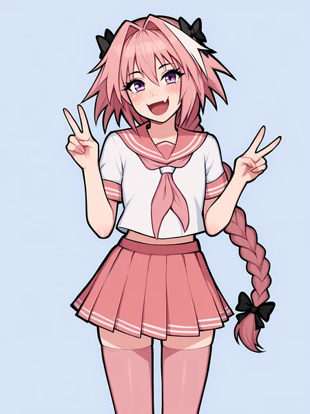 score_9, score_8_up, score_7_up, score_6_up, score_5_up, score_4_up, rating_safe
BREAK
astolfo \(fate\), otoko no ko, pink hair, braid,
BREAK
solo, standing, flat chest, pink serafuku, white shirt, pink thighhighs, pink skirt, peace sign,
BREAK
white background, <lora:Lunas-Afrobull-SDXL-A1:1>