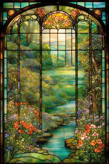 <lora:Louis Comfort Tiffany Style:1>Louis Comfort Tiffany Style - A heavenly cottage nestled among vibrant flowers and lush greenery, with a babbling brook flowing nearby, all in the art nouveau style of Louis Comfort Tiffany stained glass.