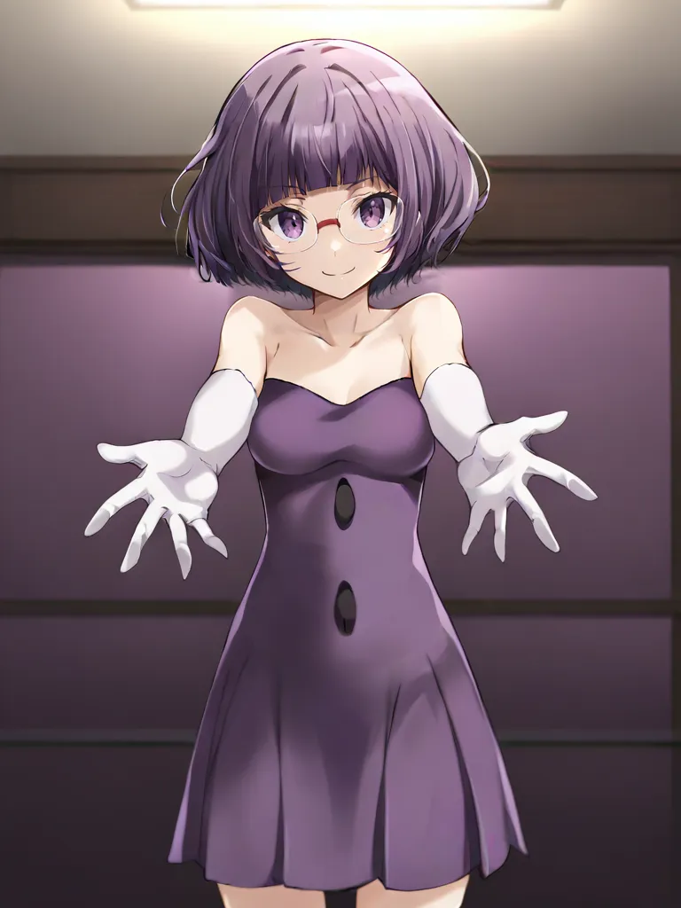<lora:BWshauntaltsukishiro:0.7>
1girl, solo, shaunshikimital, purple hair, short hair, bob cut, blunt bangs, purple eyes, glasses, light purple dress, bare shouders, white elbow gloves, smirk, indoors, dance hall, windows, looking at viewer, outstreched arms, open arms, reaching viewer,