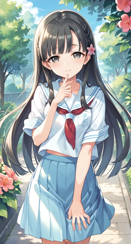 score_9,score_8_up,score_7_up,
official art,official style,game cg,megami magazine,
uncensored,
1girl,
kbykwse school,kobayakawa sae,bangs,blue skirt,blunt bangs,collarbone,flower,
grey eyes,black hair,
hair ornament,highres,long hair,
neckerchief,pleated skirt,sailor collar,school uniform,serafuku,shirt,short sleeves,skirt,white shirt,
blue sailor collar,blue serafuku,blue shirt,blush,red neckerchief,
eyebrows visible through hair,braid,
flower,hair flower,hair ornament,highres,
bangs,blunt bangs,bow,
<lora:idolmaster_kobayakawa_sae_pony_v1:1>,