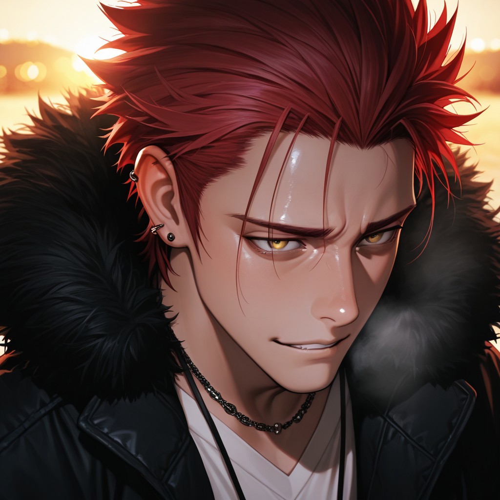 masterpiece, best quality, amazing quality, absurdres, newest, detailed background, definition so sharp, Ultra-HD, 8K cinematic, very awa, impressionate, amazing quality, highres, 
solo, male focus, manly, shadow, shiny skin, bokeh, warm light, light particle,
1boy, spiked hair, short hair, mikoto_red hair, mikoto_yellow eyes, mikotosuoh, black jacket, fur trim, v-neck, white shirt, necklace, ear piercing, heavy breath, dawn, sad expression, sad smile, sad, grimace, looking at viewer, face up, parted lips, side view