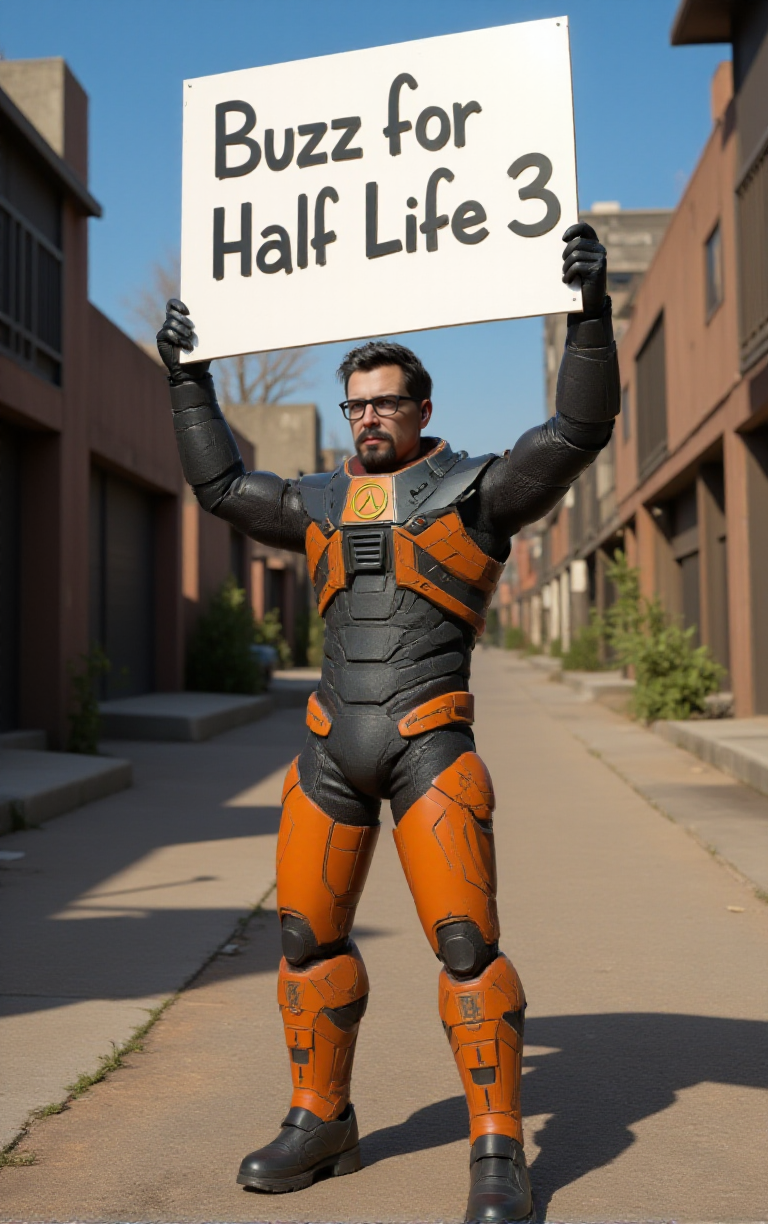 <lora:Gordon_Freeman:0.9> gordon freeman, a man with facial hair and glasses. he wears a science fiction armor and boots. He holds over his head with both hands a white sign with the black font text "Buzz for Half Life 3". Apocalyptic city desert background