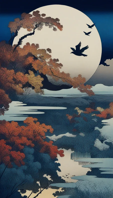 Hanafuda, autumn, full moon, cloud, bird, abstract, minimum, pure color, aesthetic, best quality, woodcuts, highly detailed, KHsty-XL <lora:KHsty-XL-v3-AN:0.8>