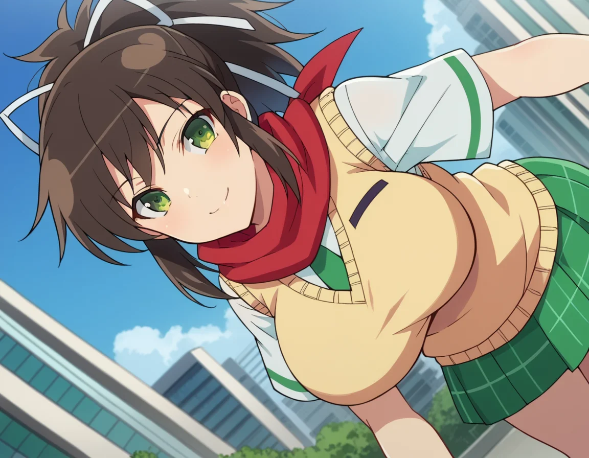 score_9, score_8_up, score_7_up, source_anime,
skasuka, <lora:sk-asuka-ponyxl-lora-nochekaiser:1>
asuka, brown hair, green eyes, ribbon, hair ribbon, ponytail, smile, large breasts,
skirt, school uniform, necktie, scarf, short sleeves, sweater, sweater vest,
outdoors, cityscape, bent over,
looking at viewer, dutch angle, cowboy shot