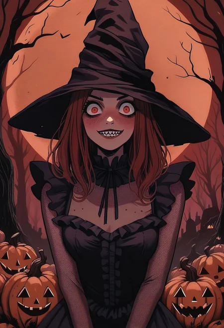 score_9, score_8_up, score_7_up, score_6_up, hllwn, halloween, vintage, source_anime, masterpiece, gloomy and sinister forest, giant red moon, giant pumpkins with evil luminous face, cute witch, red hair, red eyes, blushing, freckles, dark and orange two-tones sorceress dress, sorceress hat, halloween outfit, (two-tones stockings with frills:1.2), (crazy face:1.2), sadistic smile, focus on giant pumpkins