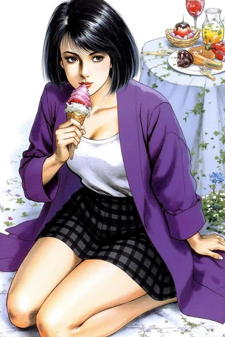1keryo illustration. A woman, sitting on the ground eating ice cream. She is wearing a purple cardigan and black checkered mini-skirt. <lora:1keryo1_cap_d6a3e12:1.0><lora:826577567478853514:0>