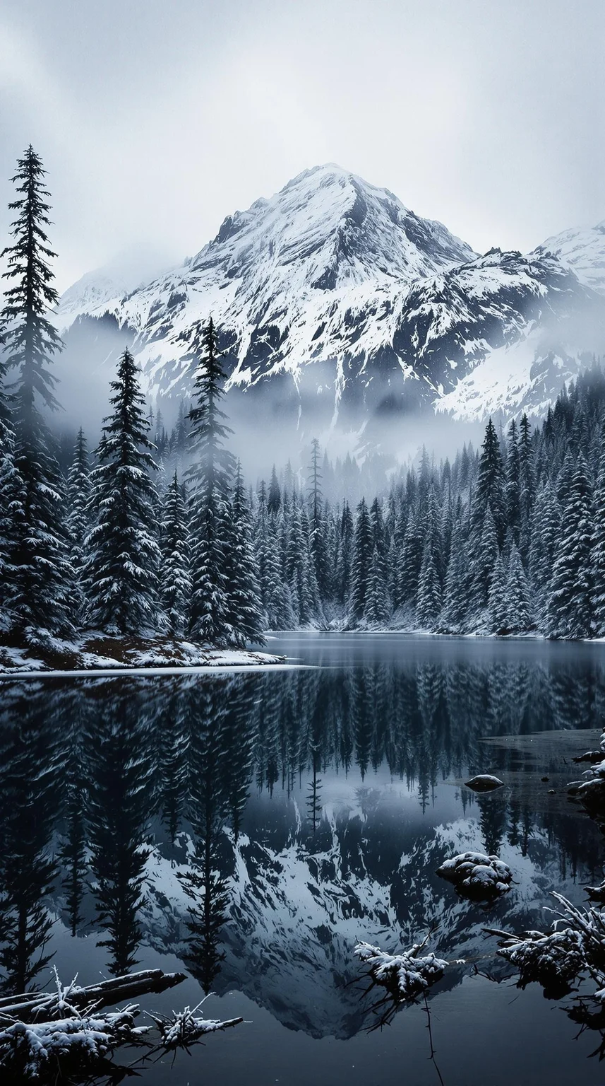 a mountain landscape, a forest of fir trees to mountain flan, a lake in the foreground, trees reflected in the water of the lake, snowy mountain in background, foggy and snowy landscape, dark and cold atmosphere, contrast shading