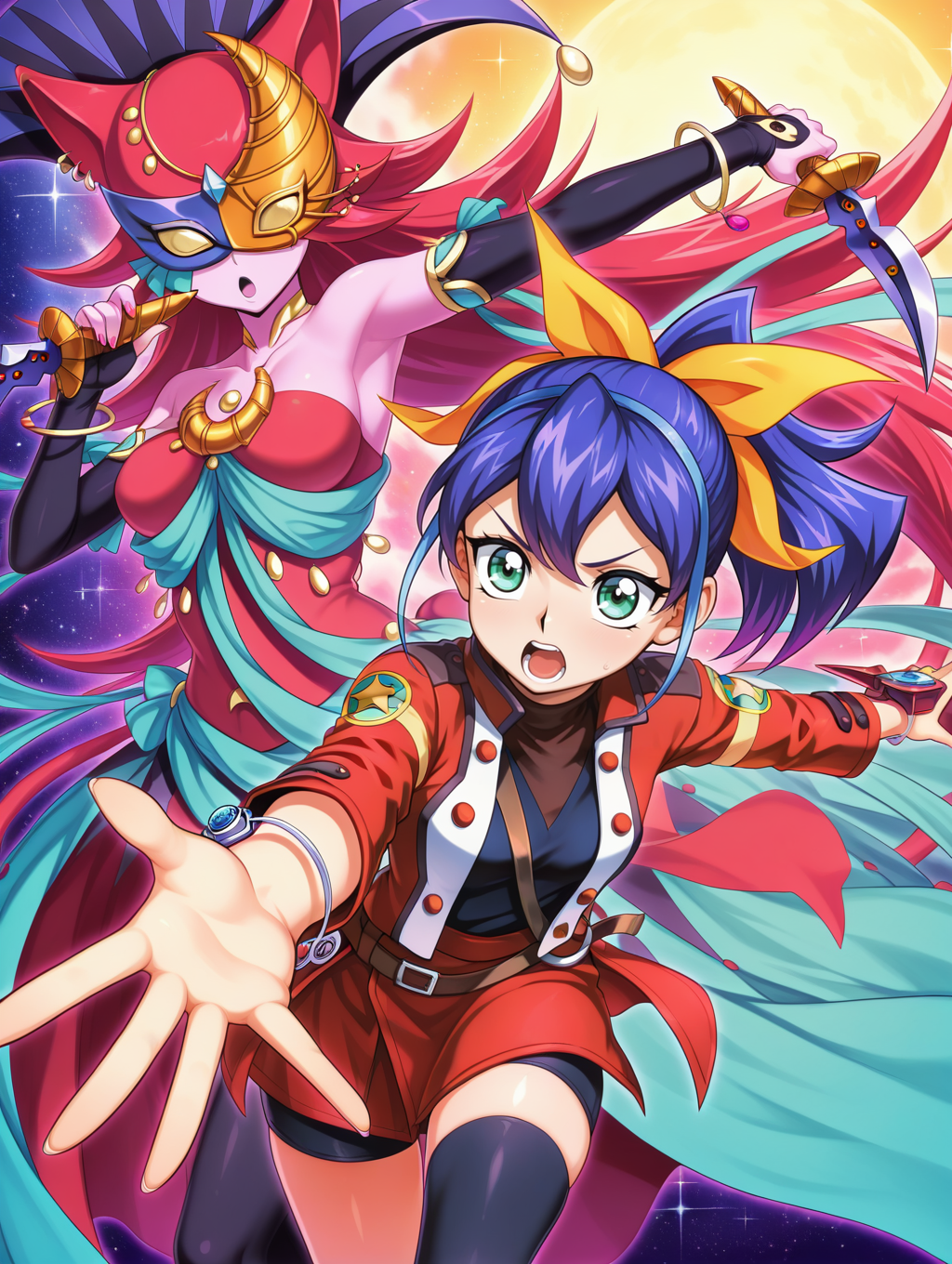 2girls,bracelet,open mouth,dagger,holding dagger,dual wielding,cat girl,covered eyes,lunalight cat dancer,dancer outfit,black toeless legwear,black elbow gloves,gold domino mask,purple jester cap,multicolored background,serena \(yu-gi-oh!\),duel academy uniform \(yu-gi-oh! gx\),red jacket,shirt,yellow hair ribbon,outstretched hand,pink skin,
masterpiece,best quality,amazing quality,very aesthetic,absurdres,newest,<lora:Serena and Lunalight part A illuXL v1.2:0.82>,