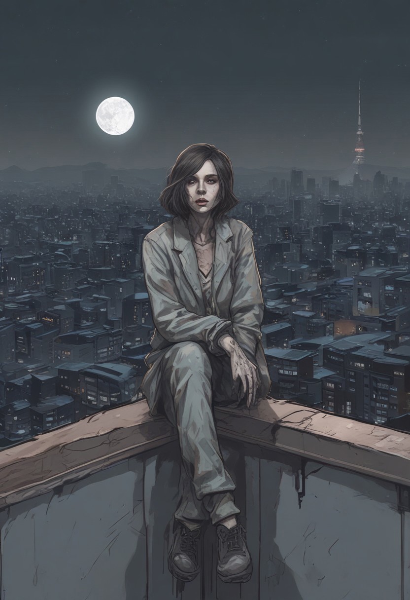 a woman looks like a zombie sitting on the roof, 1 girl, masterpiece, best quality, best quality, full body, bionic skin, pale skin, dead eyes, bionic face, blank stare, scars, blood, damage, hairs, cry, finely detailed, extremely detailed CG unity 8k wallpaper, night sky with stars and moon, empty city