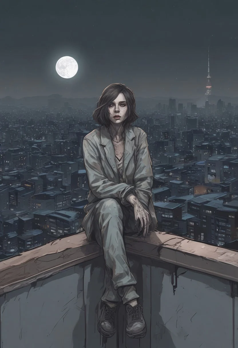 a woman looks like a zombie sitting on the roof, 1 girl, masterpiece, best quality, best quality, full body, bionic skin, pale skin, dead eyes, bionic face, blank stare, scars, blood, damage, hairs, cry, finely detailed, extremely detailed CG unity 8k wallpaper, night sky with stars and moon, empty city