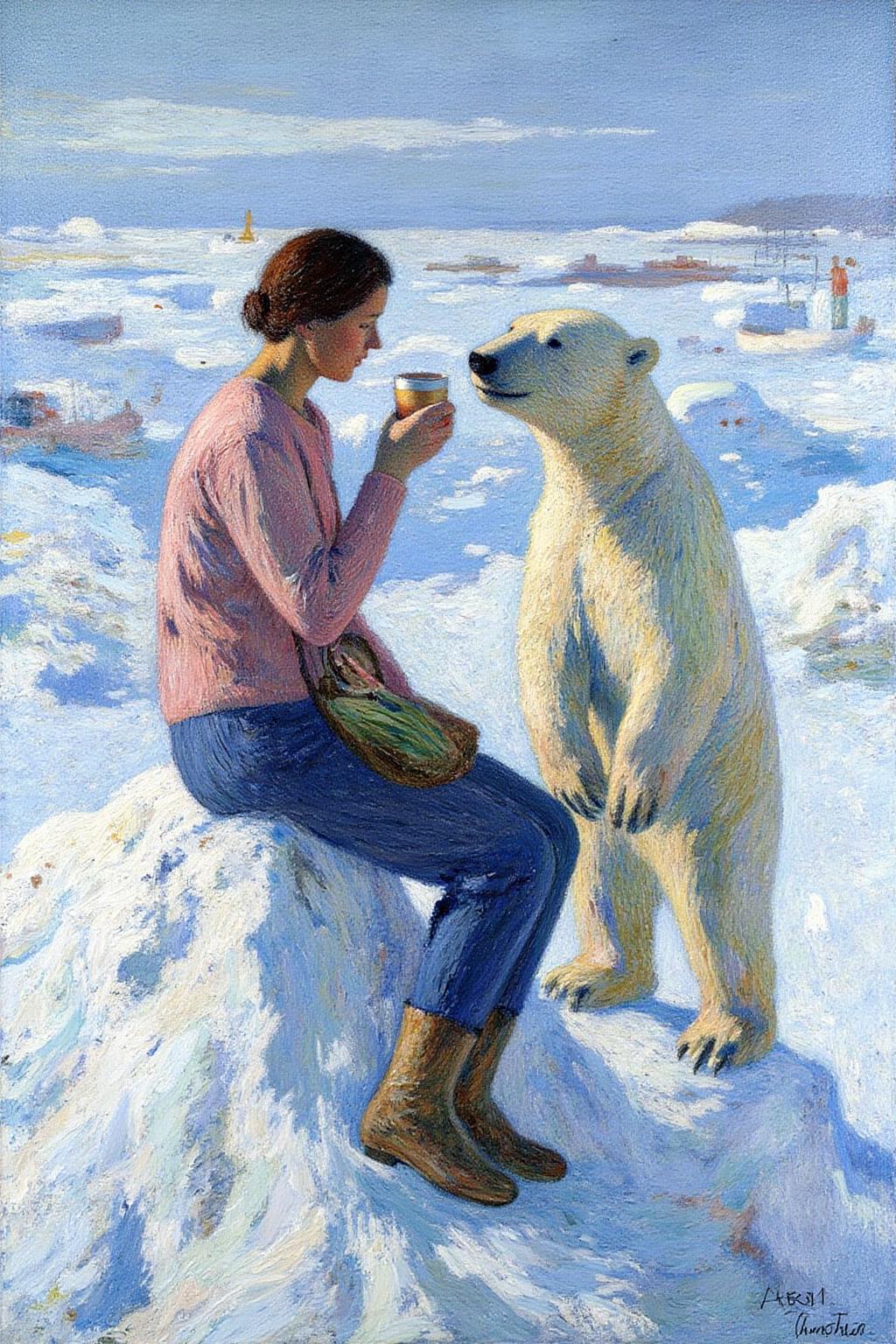 henrimartin1 painting. A woman and a polar bear drinking coffee on top of a iceberg on a sunny day. <lora:henrimartin1_cap_d8a4e12:1.0><lora:851865519932843910:0>