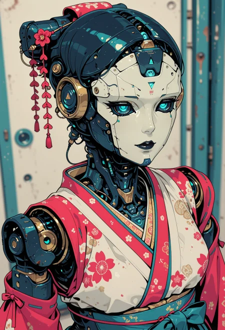 <lora:ck-nc-cyberpunk-IL-000011:0.35>,  masterpiece, best quality, good quality, very aesthetic, absurdres, newest, 8K, depth of field, focused subject, dynamic angle, (geisha::0.9) (android robot face::2.2),white ceramic material,many mechanical details,seams, scuffing, rust,(lenses instead of pupils:1.5) (traditional intricate japan clothes:1.5),
in the style of cknc, in the style of ck-rw
<lora:MoriiMee_Gothic_Niji_Style_Illustrious_r1:0.5>
<lora:ck-neon-retrowave-IL:0.55>
<lora:ck-shadow-circuit-IL:0.65>
