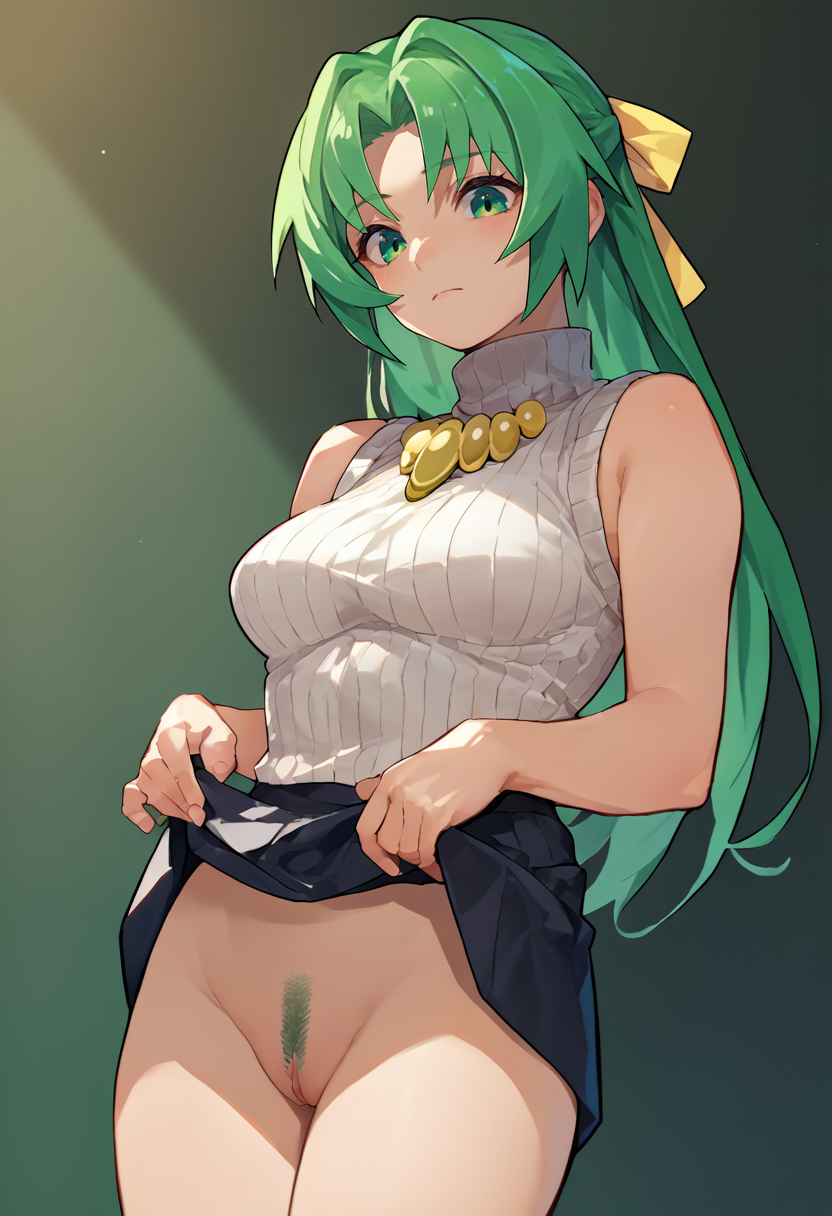 score_9, score_8_up, score_7_up, source_anime,  landing strip,  pubic hair,  1girl,      <lora:landingStripXL1-000008:1>         <lora:ShionCame:1> sonozaki shion, green hair, long hair, green eyes, yellow ribbon,turtleneck sweater, black skirt, yellow necklace, skirt lift,