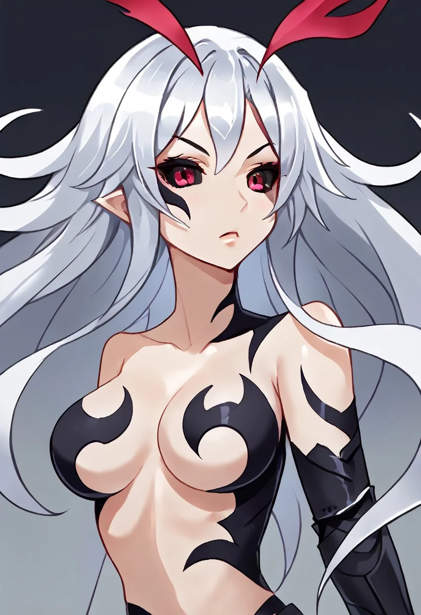 SCORE_9, SOURCE_ANIME, SOLO, 1GIRL, VOID DARK, PORTRAIT, WHITE HAIR, FACE TATOO, RED EYES, BLACK SCLERA, BODYSUIT, ARMOR, LION TAIL