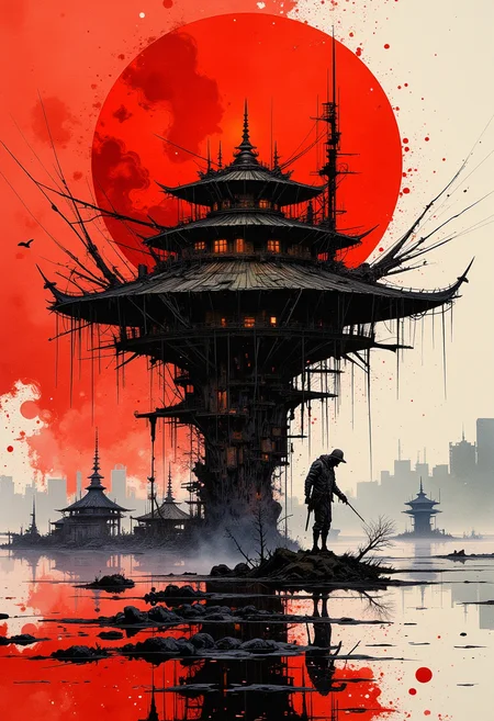niji style, oil painting, masterpiece, best quality, art by Danny O'Connor, color style by Russ Mills, Red sky white sun, frame still from the movie Blade Runner, black ink flow, two tone masterpiece by Agnes Cecile and Guy Denning, concept art, intricately detailed, complex,