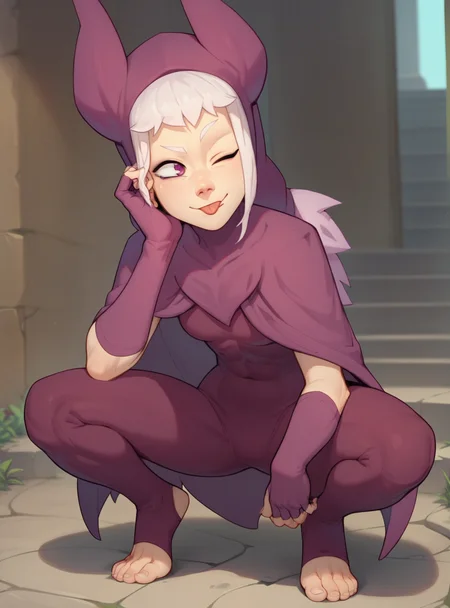 score_9, score_8_up, score_7_up, 1girl, solo, <lora:NoraWakfu:0.9> norawakfu, white hair, purple eyes, hood, horns, cloak, fingerless elbow gloves, bodysuit, cape, smile, tongue out, one eye closed, squatting, spread legs, toeless legwear, hands on own leg