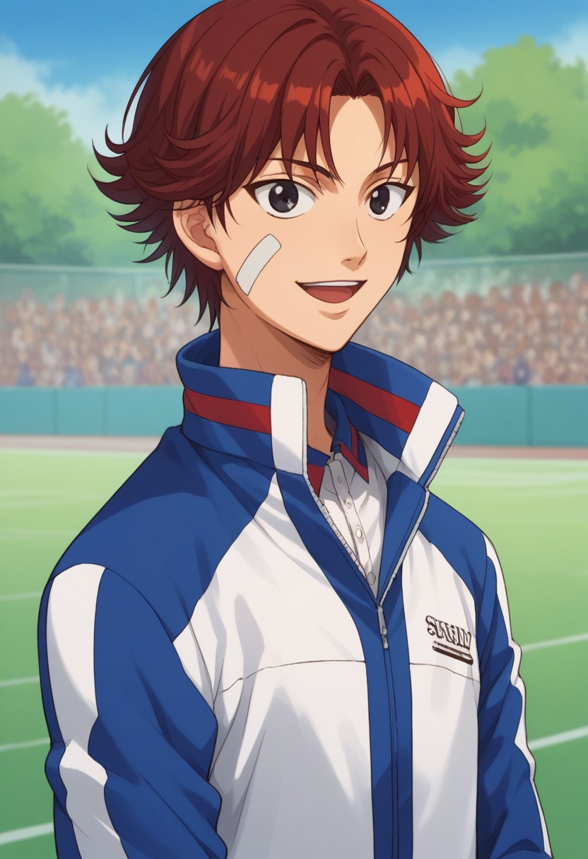 score_9, score_8_up, score_7_up, source_anime, highly detailed, 
eijikiku, 1boy, male focus, solo, red hair, short hair, black eyes, bandaid on face, sportwear,  jacket, track jacket, smile, open mouth, upper body,
outdoor,