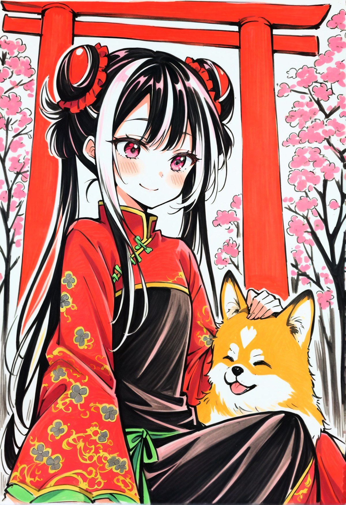 1girl, pencil scetch portrait painting with messy lines, cute, JiaXichunLimbus, long hair, twintails, multicolored hair, black hair, white hair, double bun, pink eyes, chinese clothes, black clothes, china dress, red sleeves,  traditional media, Charcoal drawing, colored crayons, black pencil drawing, pencil drawing, black and white drawing, graphite drawing, colored pencil, bold lines,  solo, sitting, smile,  animal, blush, cherry blossoms, closed mouth, dog, shiba inu, looking at animal, headpat, petting, floating hair, flower, sunlight, torii, tree,  , <lora:character\JiaXichun_Limbus.safetensors:1.11:1.11>