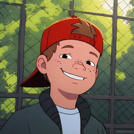 score_9, score_8_up, score_7_up, pinup boy pose, Expressiveh, a sexy 18 year old,  face focus, looking at viewer, perfect face, colorful, dramatic angle, unique perspective, unique angle, wide angle, school yard, school building in background, smile, smile, hat, backwards hat, shirt, jacket, brown hair, freckles, 1boy, solo