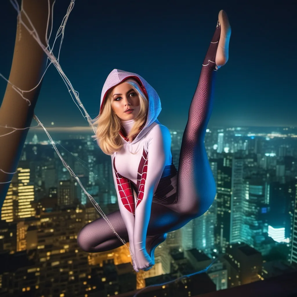 cinematic photo a full body blond woman, very busty, wears a hooded bodysuit, hanging on spiderweb, one leg up, night, city lights background <lora:SpiderGwen1024:0.9> . 35mm photograph, film, bokeh, professional, 4k, highly detailed