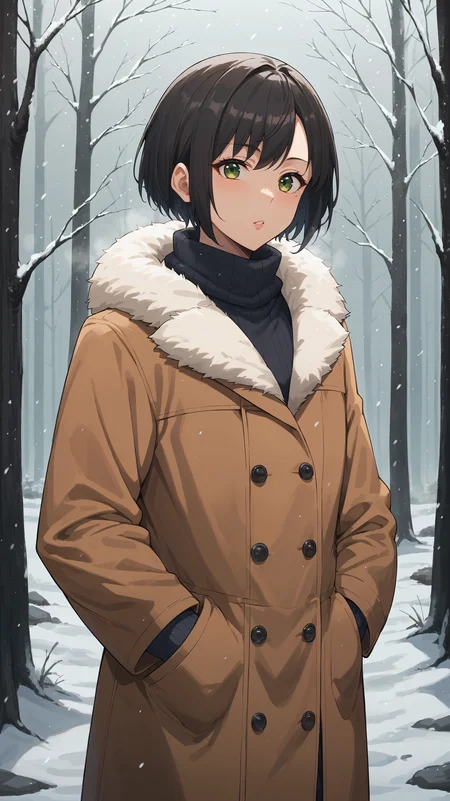 score_9,score_8_up,score_7_up,score_6_up, <lora:xl_more_art-full_v1:0.5>, source_anime, girl, dynamic pose, hands in pockets, <lora:Song-Yi Han - Pony-000004:0.7>, short hair, black hair, green eyes, mole under eye, fur collar, winter coat, brown coat, long coat, snowing, winter, snowstorm, pine forest, closed coat, thick clothes,