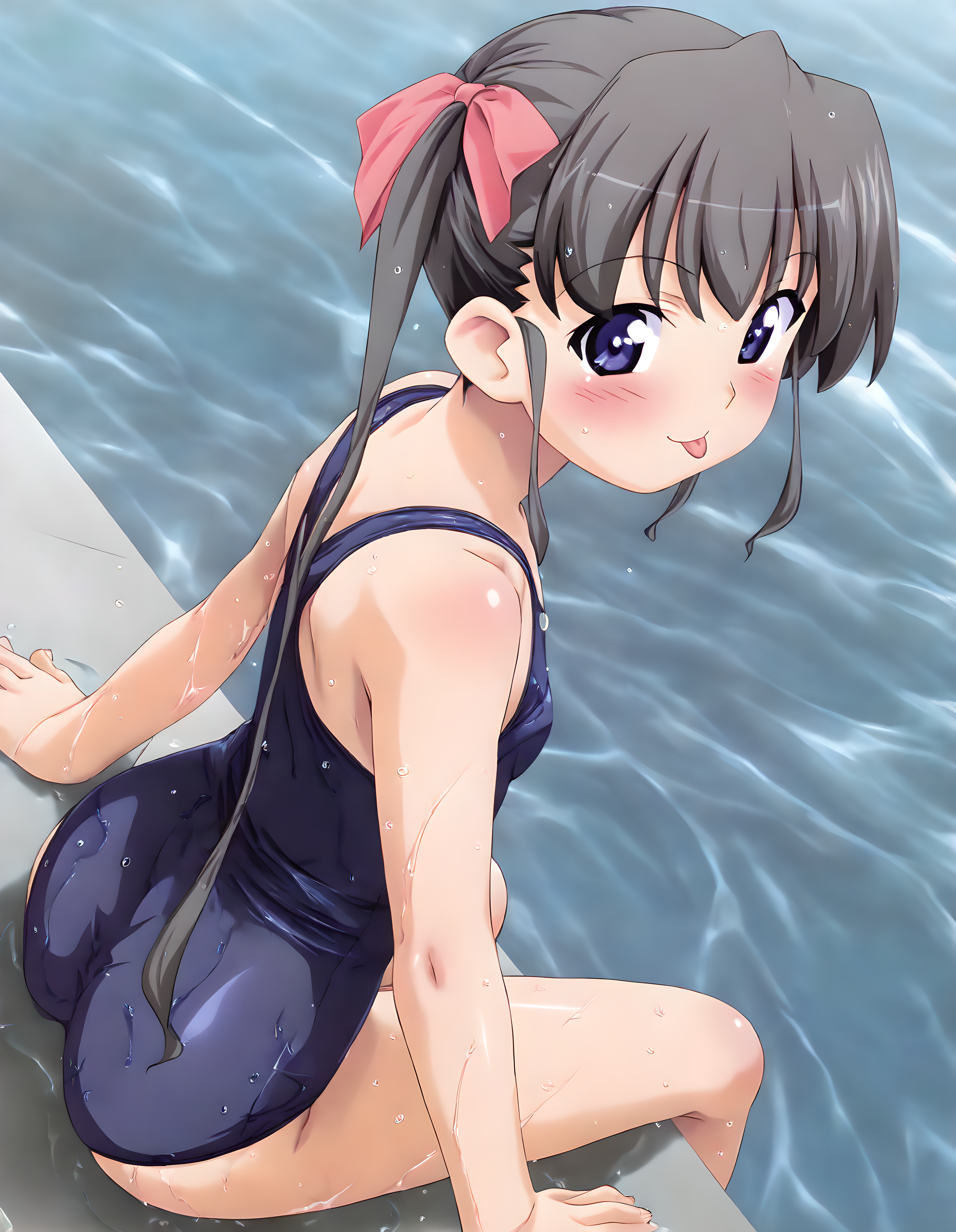 <lora:illustrious_XL_hikari:0.9>,hikari,masterpiece,best quality,good quality,newest,huge filesize,1girl,solo,black hair,pool,water,poolside,school swimsuit,one-piece swimsuit,looking back,wet,sitting,blush,tongue,:p,